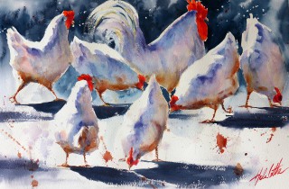 A Watercolour painting by Helen Cottle in the Realist Impressionist style  depicting Animals Birds with main colour being Blue Grey and Red and titled Chicken Dance