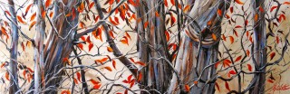 An Acrylic painting by Helen Cottle in the Realist Impressionist style  depicting Bush and Trees with main colour being Cream Grey and Red and titled Autumn Movement