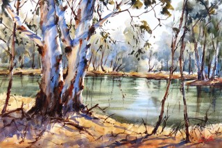 A Watercolour painting by Helen Cottle in the Realist Impressionist style  depicting Landscape Bush and Trees with main colour being Blue Grey and Ochre and titled Echuca
