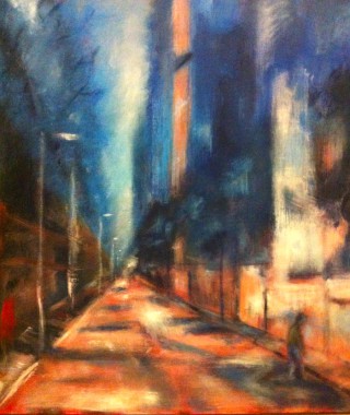 An Acrylic painting by Dawn Robinson depicting Landscape City with main colour being Blue Orange and Red and titled Streetscape