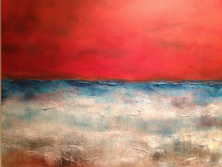 An Acrylic painting by Dawn Robinson in the Abstract style  with main colour being Blue Cream and Red and titled Red Skies