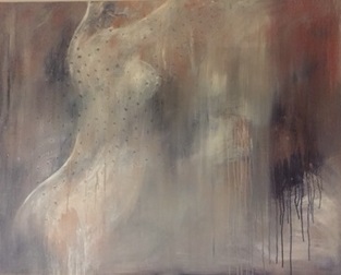 An Oil painting by Dawn Robinson in the Semi-Abstract Impressionist style  depicting Nude and Woman with main colour being Black Brown and Cream and titled Random Flight
