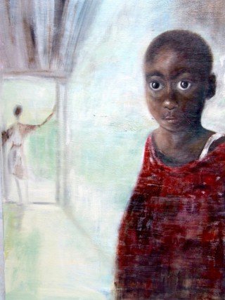 An Acrylic painting by Dawn Robinson in the Realist Impressionist style  Boy with main colour being Blue Brown and Grey and titled Unspoken