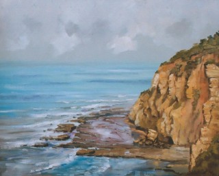 An Oil painting by Gregory R. Smith in the Realist style  depicting Landscape Beach Rocks and Water with main colour being Blue and Ochre and titled Sunnymead Cliffs