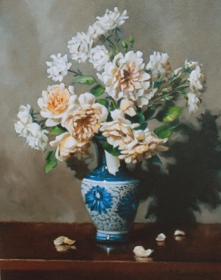 An Oil painting by Gregory R. Smith in the Realist style  depicting Flowers and Vases with main colour being Blue Brown and Cream and titled Pegasus and Seafoam Roses