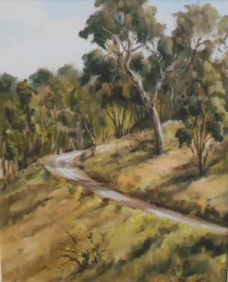 An Oil painting by Gregory R. Smith in the Realist style  depicting Landscape Rural and Trees with main colour being Blue Ochre and Olive and titled Road Out – Hawkstowe Park
