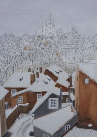 A Mixed Media painting by John Vander Reest in the Illustrative style  depicting Buildings City and Snow with main colour being Brown Grey and White and titled Snow in Prague