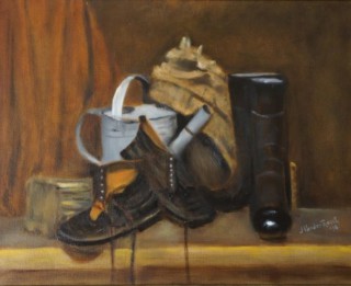 An Oil painting by John Vander Reest in the Realist style  depicting Still Life Pots with main colour being Brown and titled Boots are made for Walking