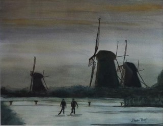 A Watercolour painting by John Vander Reest in the Realist style  depicting Landscape Snow with main colour being Grey and titled Skaters at Twilight
