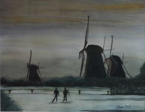 Oil Painting by John Vander Reest titled Skaters at Twilight