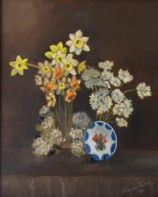 An Oil painting by John Vander Reest in the Realist style  depicting Flowers with main colour being Brown and White and titled Spring Flowers