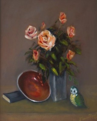 An Oil painting by John Vander Reest in the Realist style  depicting Flowers with main colour being Grey Olive and Pink and titled Pink Roses