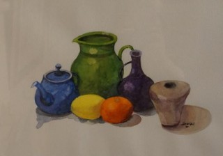 A Watercolour painting by John Vander Reest in the Realist style  depicting Still Life Pots with main colour being Blue Cream and Green and titled Still Life