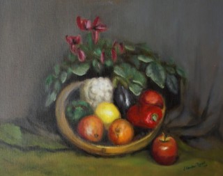 An Oil painting by John Vander Reest in the Realist style  depicting Still Life Fruit with main colour being Cream Grey and Olive and titled Vegetables & Fruit