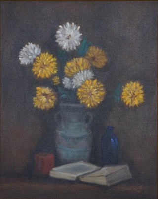 An Oil painting by John Vander Reest in the Realist style  depicting Still Life Flowers and titled Yellow & White Dahlias