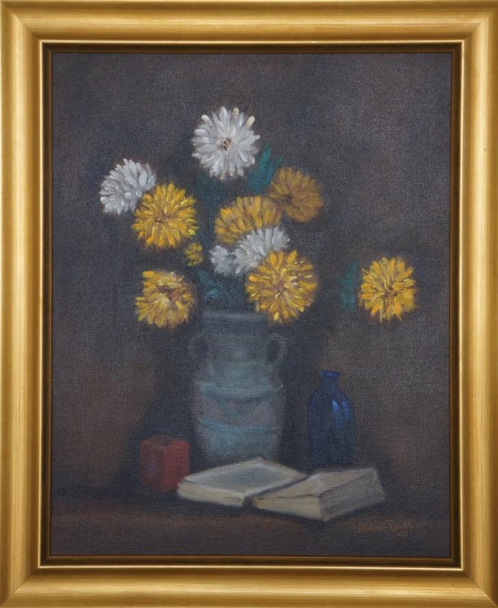 Oil Painting by John Vander Reest titled Yellow & White Dahlias