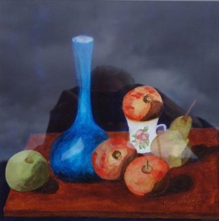 A Watercolour painting by John Vander Reest in the Contemporary Realist style  depicting Still Life Pots with main colour being Blue and Red and titled Still Life 2