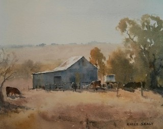 A Watercolour painting by Kasey Sealy in the Realist Impressionist style  depicting Rural Farmland and Sheds with main colour being Grey Ochre and Olive and titled Merriwa Farm