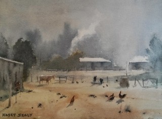 A Watercolour painting by Kasey Sealy in the Realist Impressionist style  depicting Rural Farmland and Sheds with main colour being Grey Ochre and Olive and titled Morning Atmosphere, Tumut