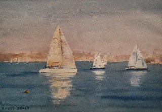 A Watercolour painting by Kasey Sealy in the Realist Impressionist style  depicting Boats with main colour being Blue Grey and White and titled Boats on Sydney Harbour