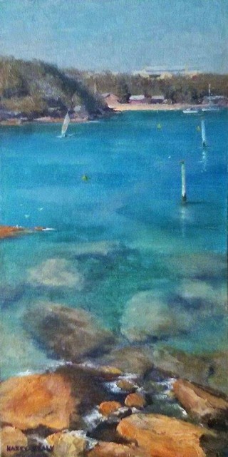 An Oil painting by Kasey Sealy in the Realist Impressionist style  Beach Rocks and Water with main colour being Blue and Ochre and titled Summer Day, Manly