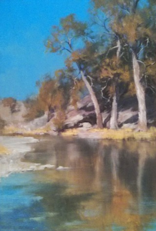 An Oil painting by Kasey Sealy in the Realist Impressionist style  depicting Landscape Rocks Rural and Water with main colour being Blue Ochre and Olive and titled Summer Light, Merriwa