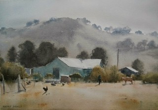 A Watercolour artwork by Kasey Sealy in the Realist Impressionist style  depicting Landscape Farmland Rural and Sheds with main colour being Grey Ochre and Olive and titled Morning  in Brungle