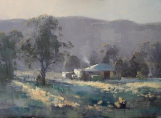 An Oil painting by Kasey Sealy in the Realist Impressionist style  depicting Rural Farmland with main colour being Blue Grey and Olive and titled Rural Farmhouse