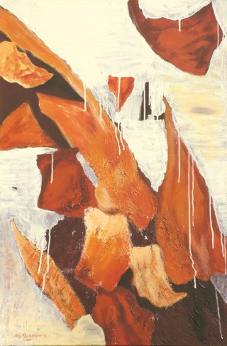 An Acrylic painting by Alex Mortensen in the Abstract style  Rocks with main colour being Brown Cream and Ochre and titled Abstract Rocks And Stalactites