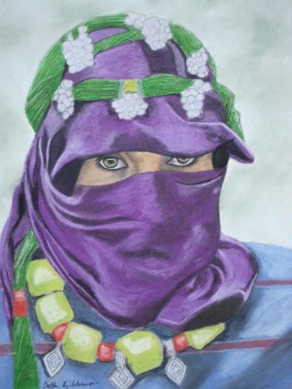 A Pastel painting by Beth Gibbeson in the Realist style  depicting Woman with main colour being Blue Green and Purple and titled Moroccan Eyes