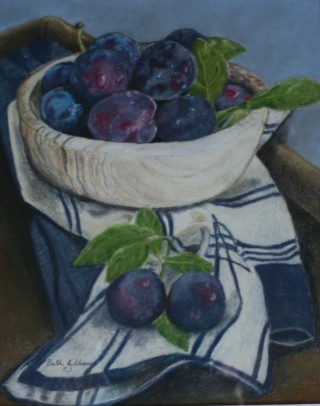 A Pastel painting by Beth Gibbeson in the Realist style  depicting Still Life Fruit with main colour being Blue Brown and Grey and titled Summer Fruit