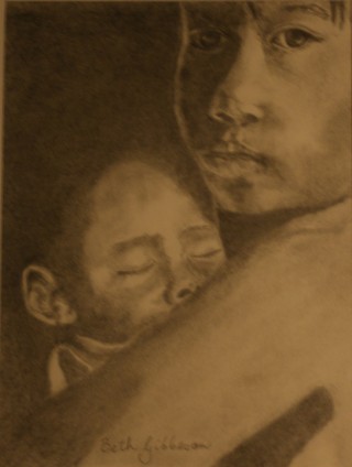 A Pencil painting by Beth Gibbeson in the Realist style  depicting People Children and Woman with main colour being Brown and Ochre and titled Lullaby