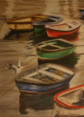 A Pastel painting by Beth Gibbeson in the Realist style  depicting Boats with main colour being Blue Brown and Red and titled Sunset