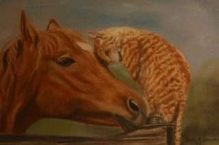 A Pastel painting by Beth Gibbeson in the Realist style  depicting Animals Cats and Horses with main colour being Green and Orange and titled Best of Friends