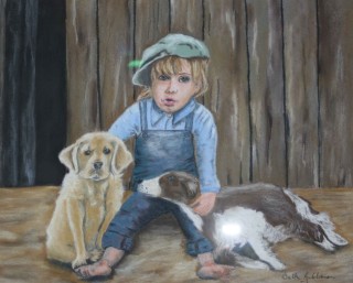 A Pastel painting by Beth Gibbeson in the Realist style  depicting Children Animals and Boy with main colour being Blue and Brown and titled Contentment