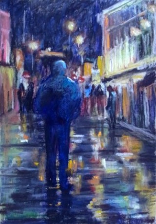 A Pastel painting by Diane O'Brien in the Impressionist style  depicting Landscape Buildings People and Rain with main colour being Blue and titled Watery Reflections