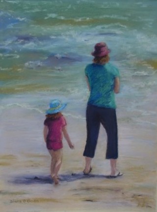 A Pastel painting by Diane O'Brien in the Realist Impressionist style  depicting Beach with main colour being Blue Green and Ochre and titled Just Looking