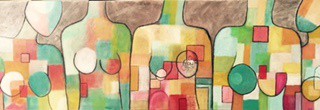 A Mixed Media painting by Dawn Robinson depicting People with main colour being Green Ochre and Red and titled Conversation