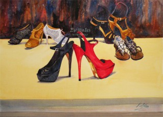 A Watercolour artwork by Ev Hales in the Realist Impressionist style  depicting Still Life and Woman with main colour being Brown Red and Yellow and titled If the Shoe Fits…