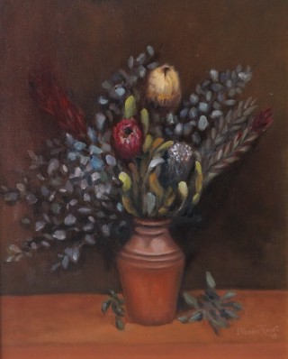An Oil painting by John Vander Reest in the Realist style  depicting Flowers with main colour being Brown and titled Australian Flowers
