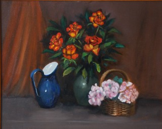 An Oil painting by John Vander Reest in the Realist style  depicting Flowers with main colour being Brown Pink and Red and titled Yellow Red Rimmed Roses