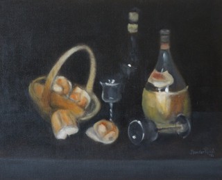 An Oil painting by John Vander Reest in the Realist style  depicting Still Life Bottles with main colour being Black Brown and Ochre and titled Bread and Wine