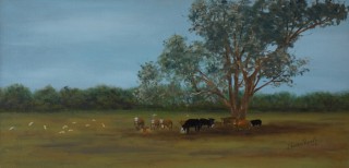 An Oil painting by John Vander Reest in the Realist style  depicting Landscape Animals and Rural with main colour being Blue Green and Olive and titled Australian Landscape