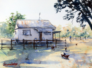 A Watercolour painting by Chrysovalantou Mavroudis in the Realist Impressionist style  depicting Landscape Buildings Bush and Farmland with main colour being Green and titled Morning Neighbour