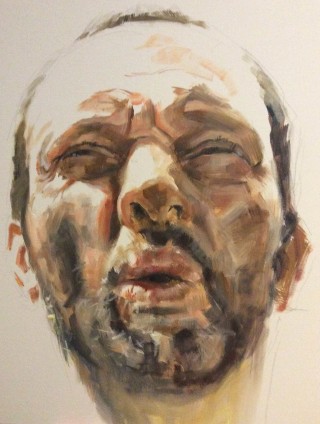 An Oil painting by Daniel Butterworth in the Impressionist style  depicting Portrait Man with main colour being Grey and Ochre and titled Anxious Self