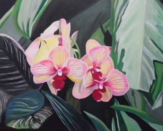 An Acrylic painting by Dawn Luttrell in the Realist style  depicting Flowers with main colour being Green and Pink and titled Tropical Delight