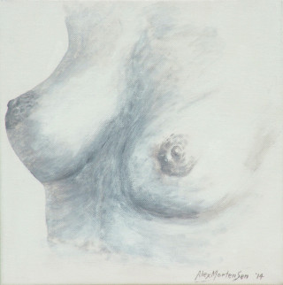 An Acrylic painting by Alex Mortensen in the Contemporary Realist style  depicting Nude Girl and Woman with main colour being Grey and White and titled VAUNT