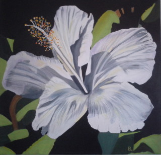 An Acrylic painting by Dawn Luttrell in the Realist style  depicting Flowers with main colour being Green Grey and Yellow and titled Hibiscus Princess