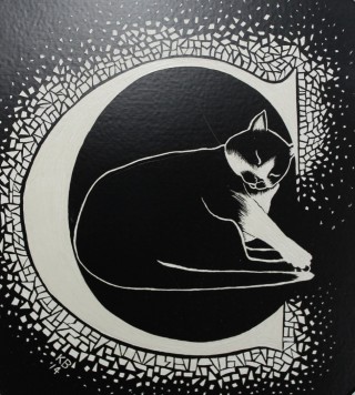 An Ink painting by Kay Brabham in the Illustrative style  depicting Animals and Cats with main colour being Black and White and titled C for Cat