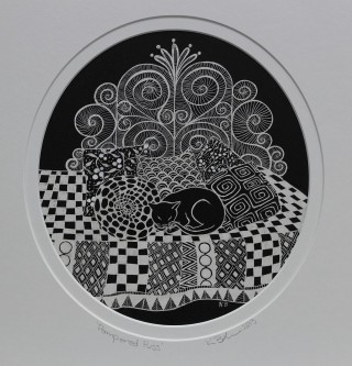 An Ink painting by Kay Brabham in the Illustrative style  depicting Animals and Cats with main colour being Black and White and titled Pampered Puss